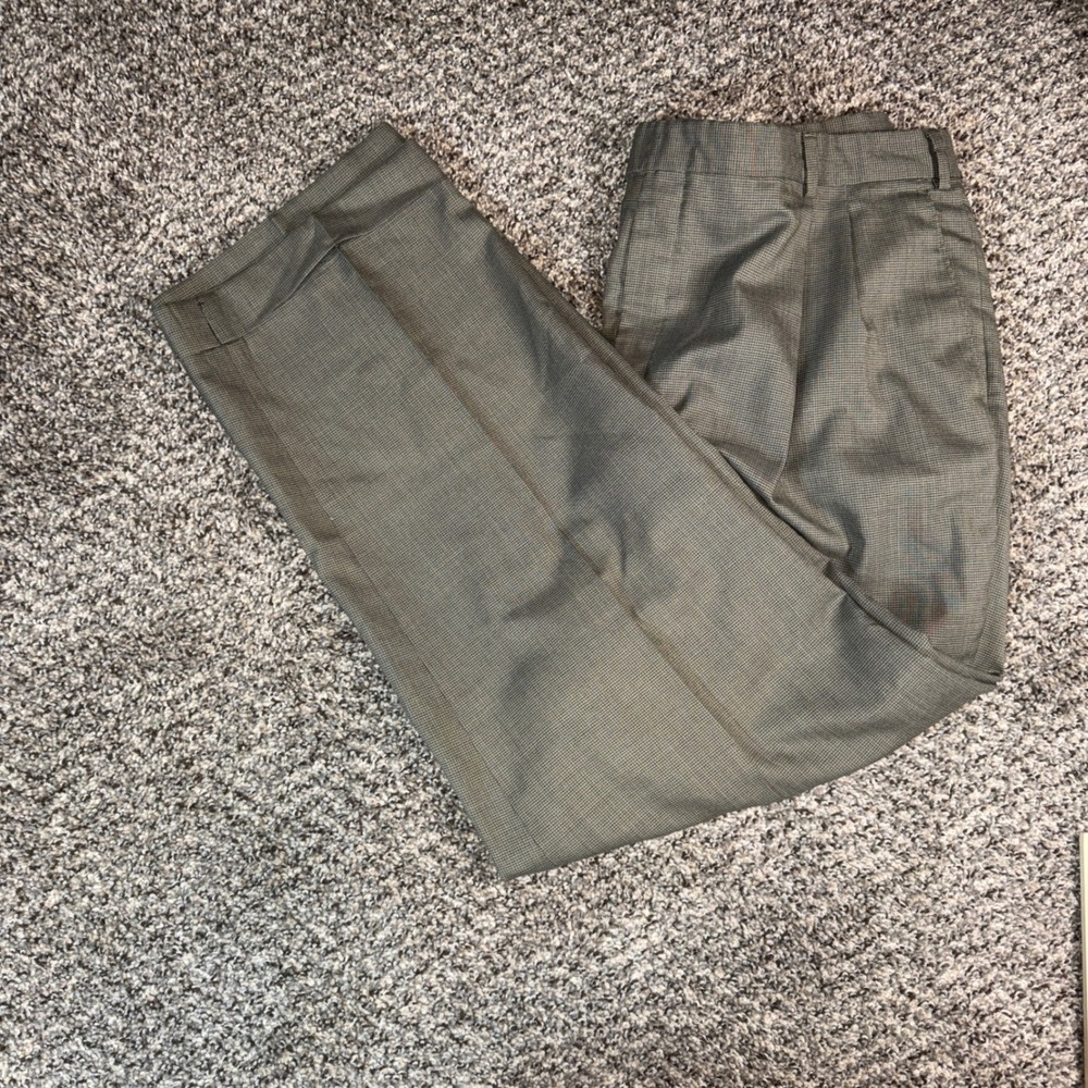 Vintage 36x30 Wool Double Pleated Trousers Grey Micro Check Straight Leg